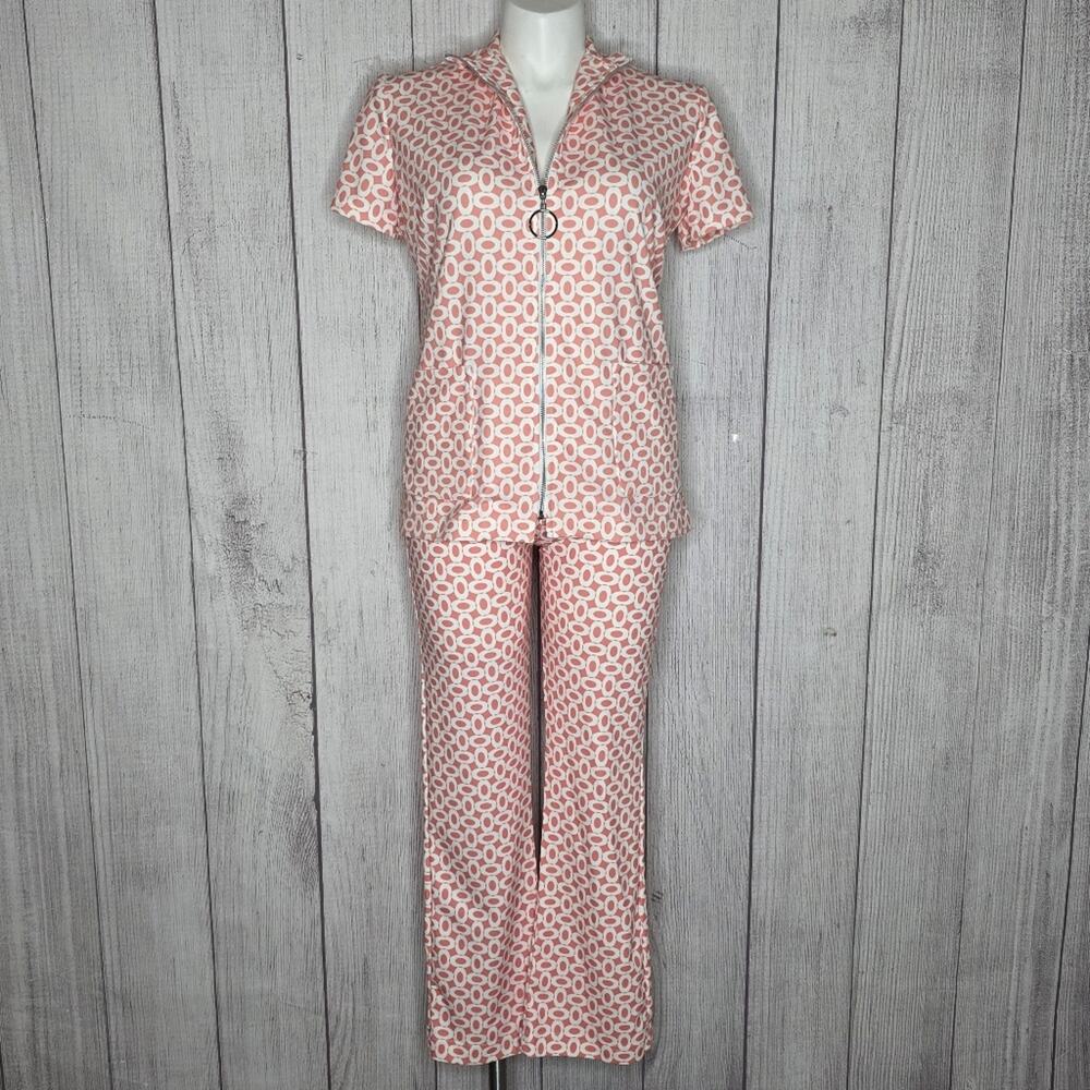 Fuzzy Retro UK Vintage 1960s Inspired 2 Piece Peach & White Geometric Pantsuit